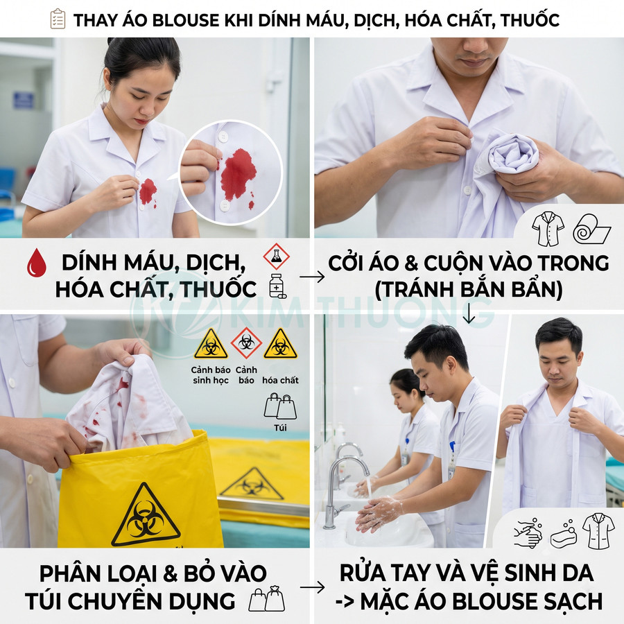 Quy trình thay áo blouse dính máu dịch hóa chất, cho vào túi rác y tế và mặc áo blouse sạch